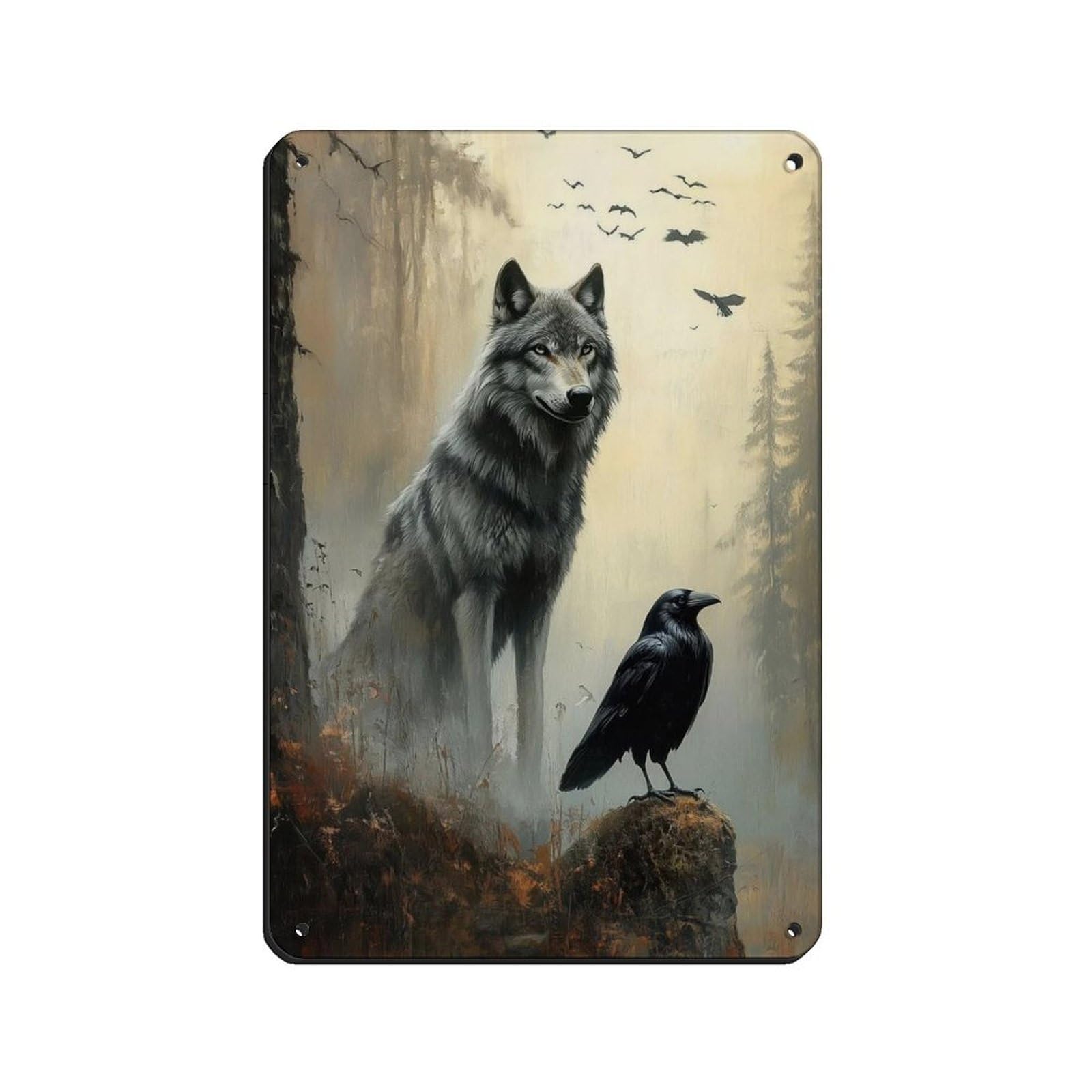 Wolf And Raven Art, Dark Gothic Fantasy (2) Tin Sign Vintage Metal Pub Club Cafe Bar Home Wall Art Decoration Poster Retro 8x12inch(20x30cm)