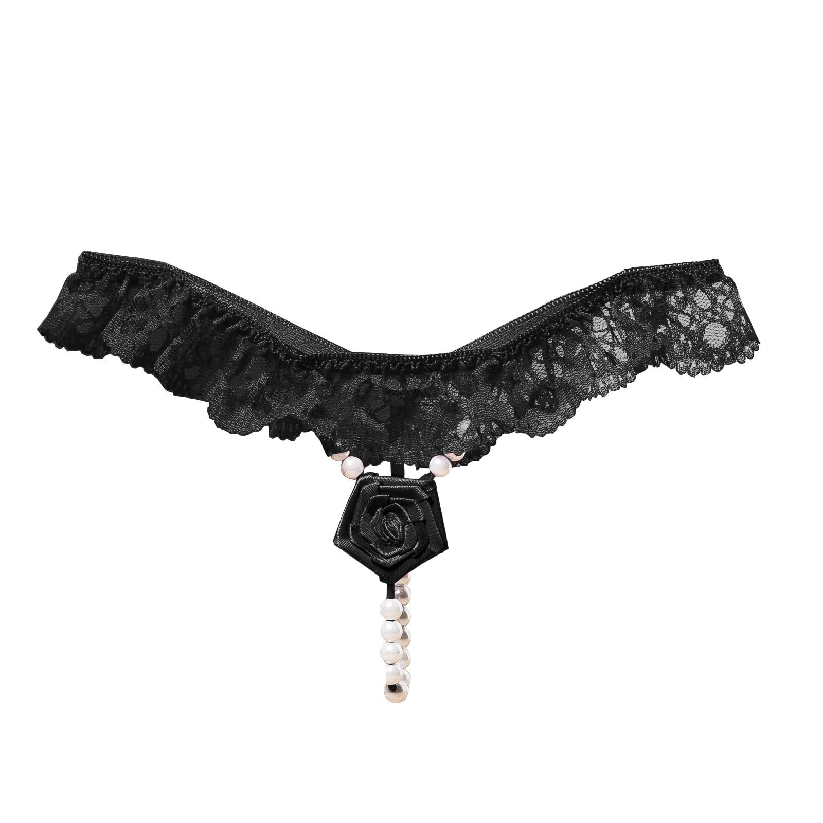 Lace Thongs for Women with Pearls Sexy Mesh G-String Underwear Low Rise Panties Briefs for Sex Naughty