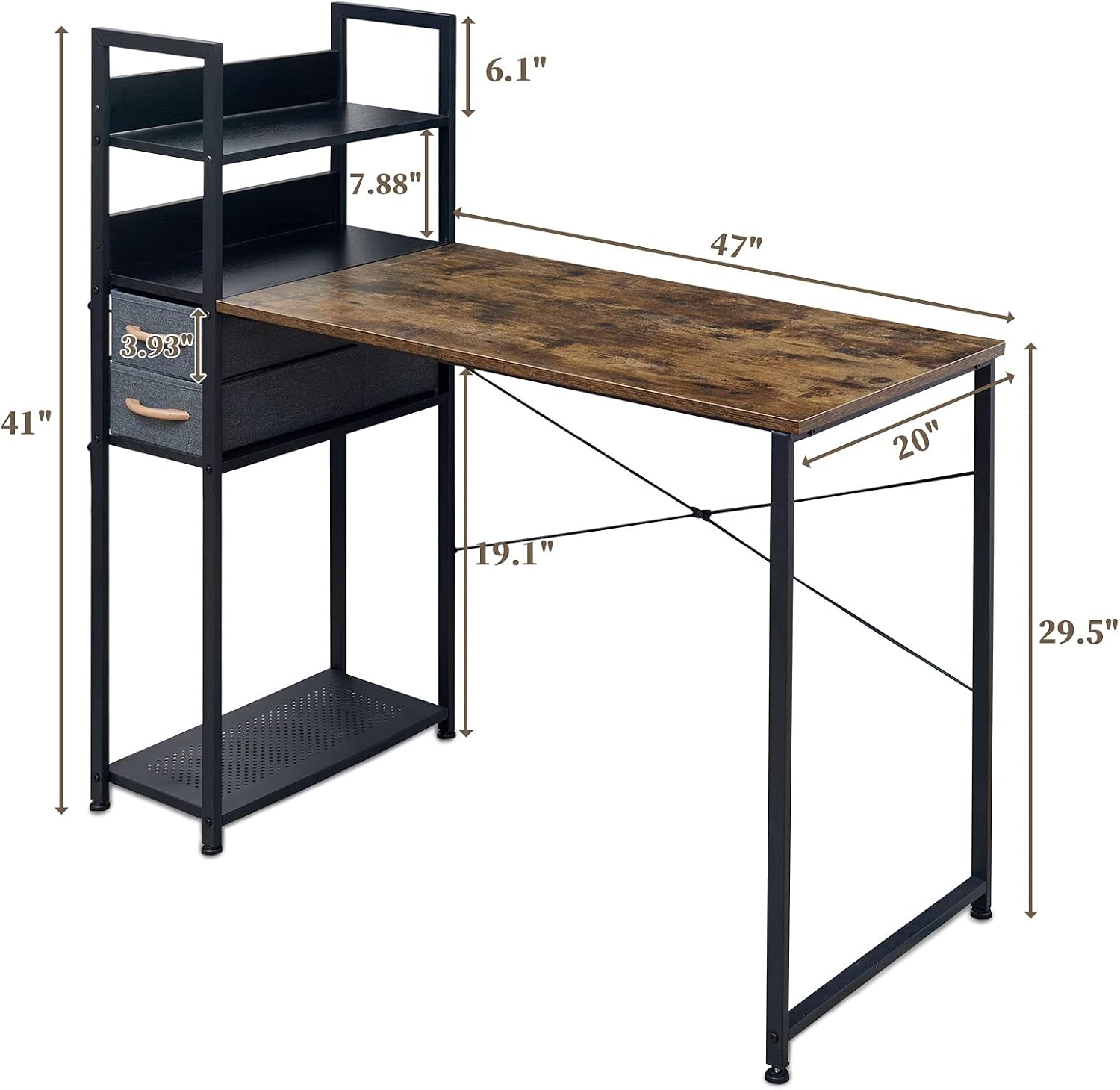 OIAHOMY Computer Desk Storage Shelves Study Writing Table for Home Office with Canvas Drawer-Rustic Brown & Black