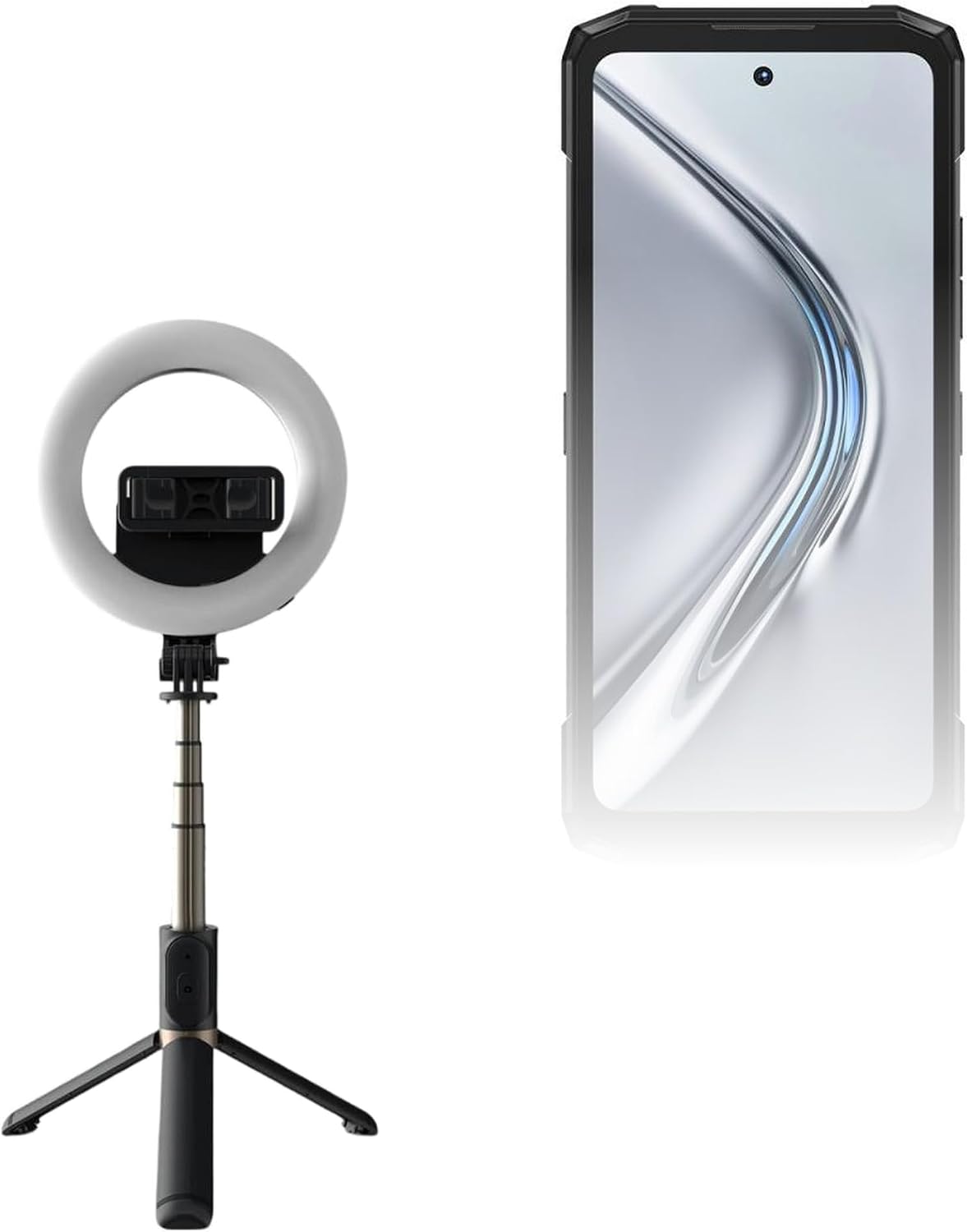 BoxWave Stand and Mount Compatible with Doogee Fire 6 - RingLight SelfiePod, Selfie Stick Extendable Arm with Ring Light - Jet Black