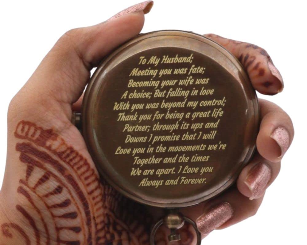 Engraved Brass Sundial Compass with Leather Case – Gift for Husband – Meeting You was Fate Love Quote – Romantic Keepsake for Anniversary, Wedding, Birthday – Wife to Husband Gift