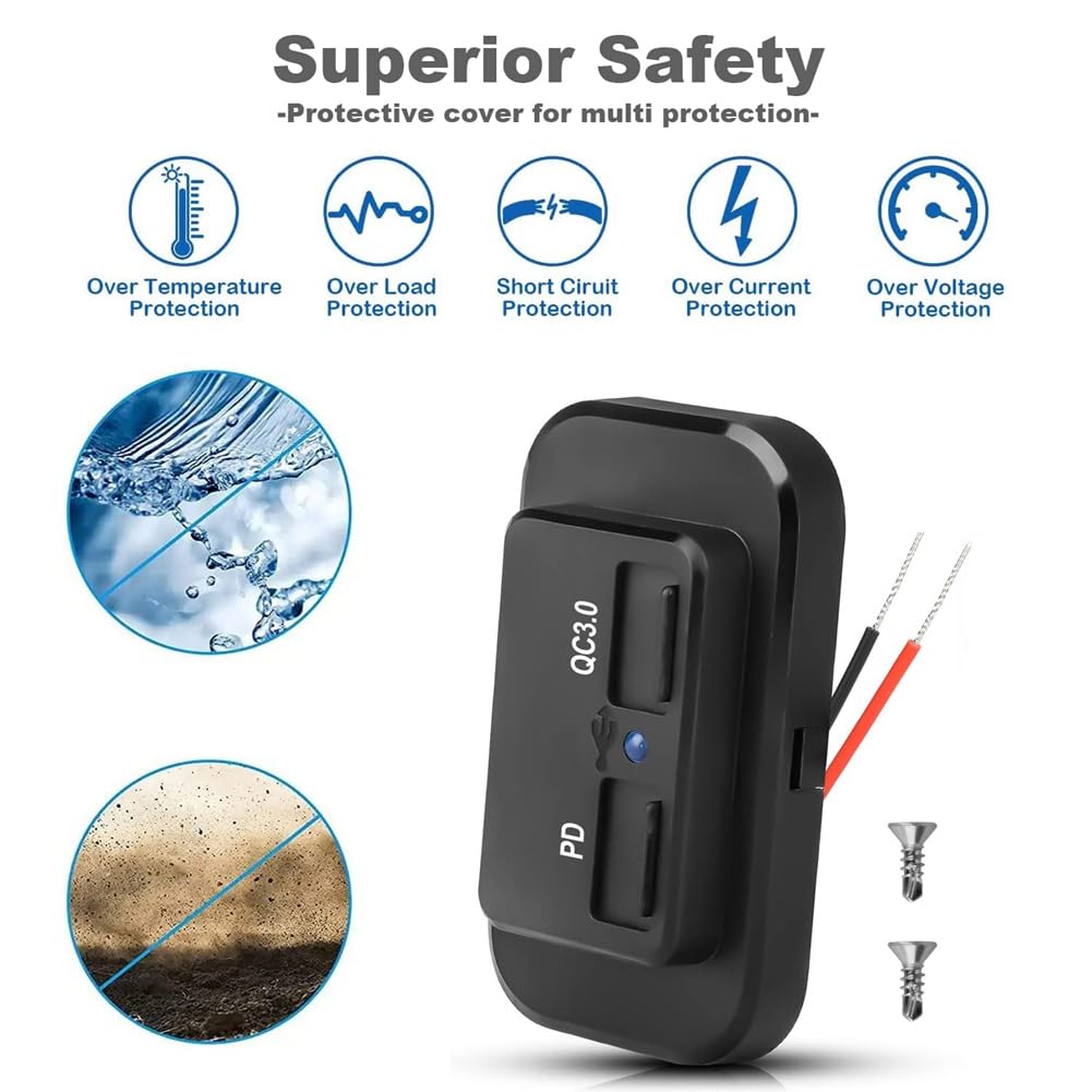 VOSSOT PD - Presa USB 12 V-24 V tipo C, per camper, con coperchio, 12 Volt, doppia USB, presa di ricarica per roulotte, presa di ricarica rapida, con interruttore on/off, per auto