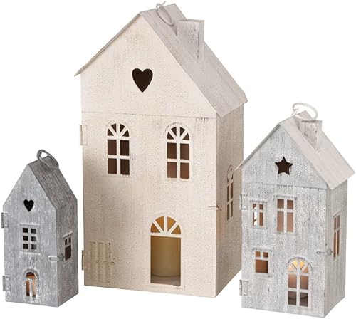 Miniatura 10 de Main Street Town House - Juego de 3 faroles para velas, estilo vintage, techos negros rústicos, paredes blancas, metal, 13.75, 8.25 y 5 pulgadas de