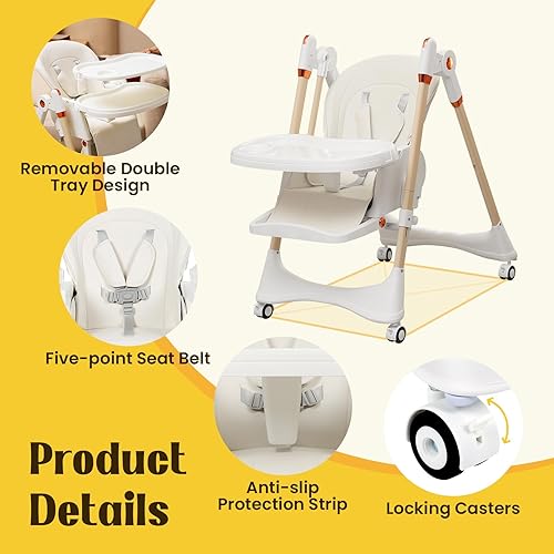 Miniatura 4 de Silla alta plegable para niños pequeños y bebés  Ajuste de altura de 5 niveles, montaje sin herramientas  Funda de asiento lavable a máquina y