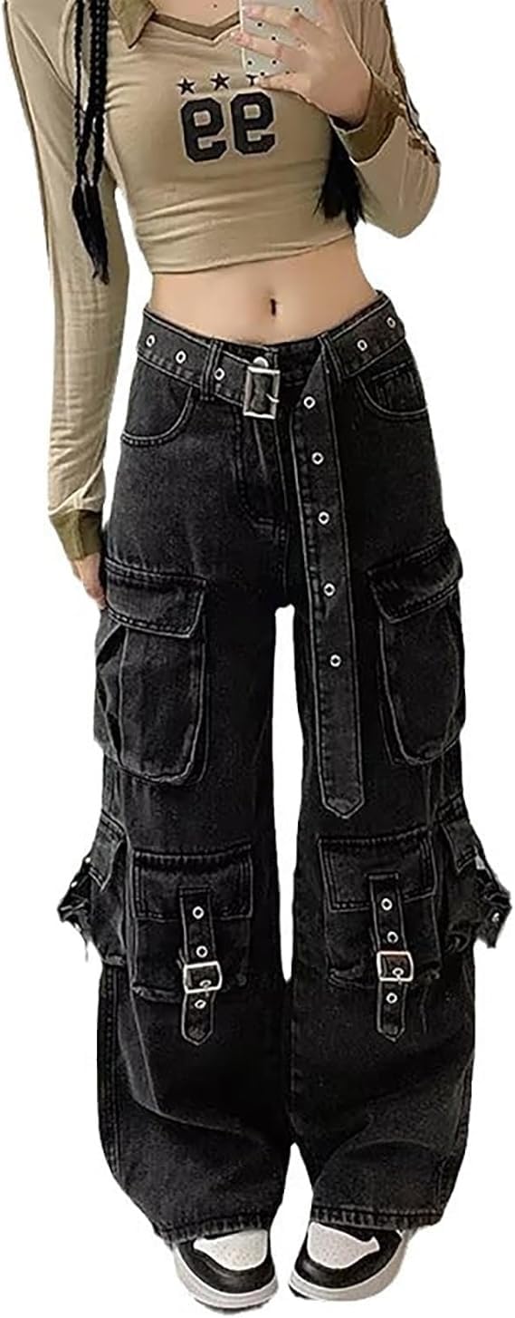 Frauen Y2K Grunge Cargo Baggy Jeans Hosen Emo Frauen Punk Gerade Bein Hosen Hosen Alt Y2K Kleidung