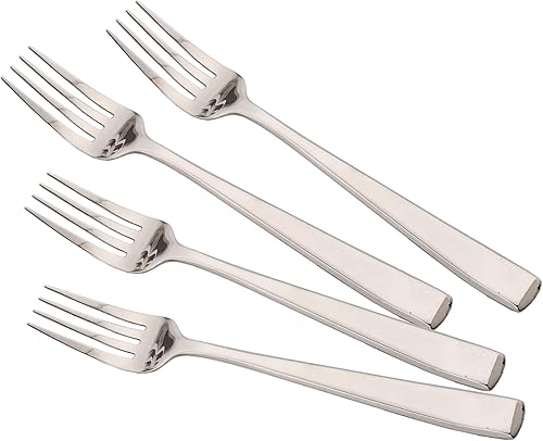 JASHII Juego de 4 tenedores resistentes de acero inoxidable con mango cuadrado, 8.27 pulgadas, color plateado brillante, tenedores de mesa gruesos y