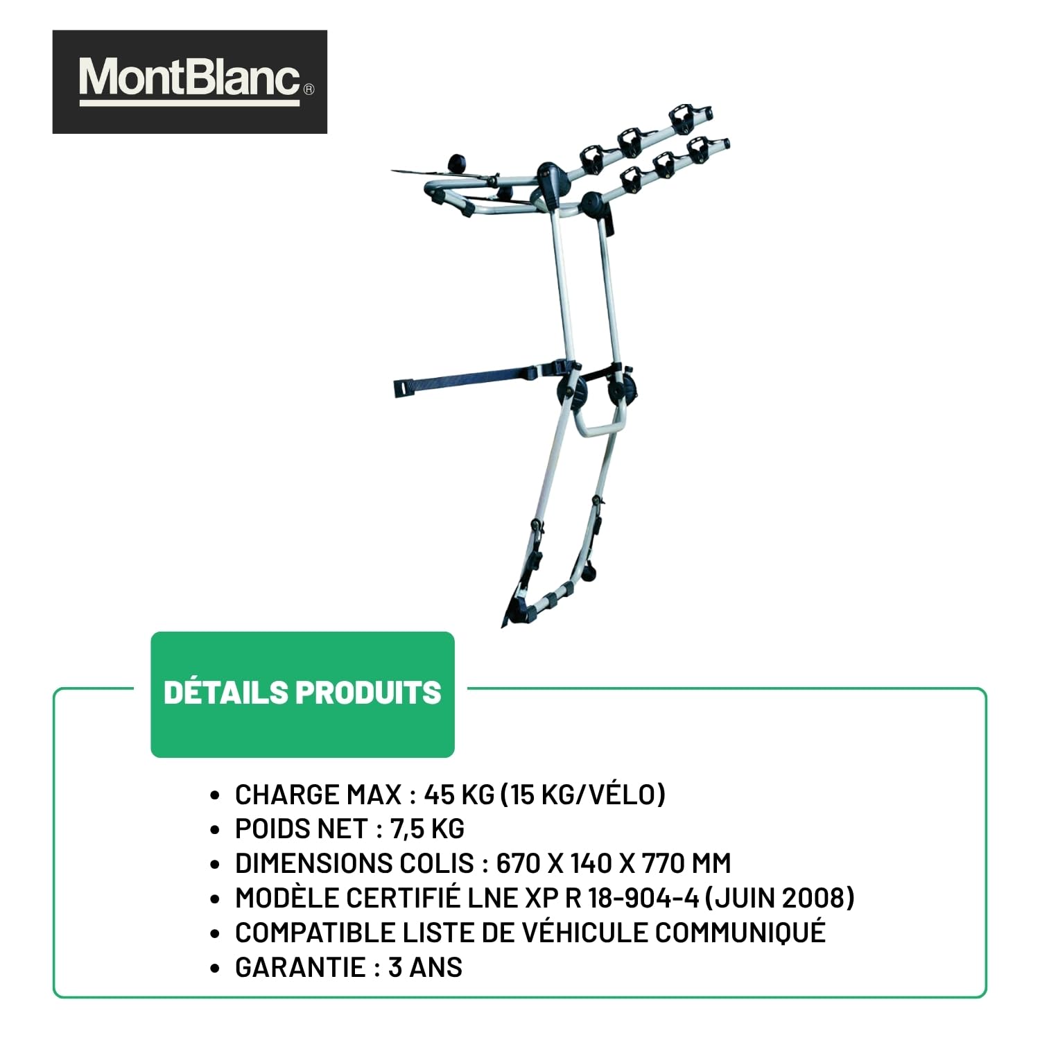 Mont Blanc Porte-vélos sur Hayon Rear Trail Hatch H - 3 Vélos | Porte-vélos sur hayon, 3 vélos, charge 45 kg. Coussins caoutchouc anti-rayures, sangles incluses, sans attelage.