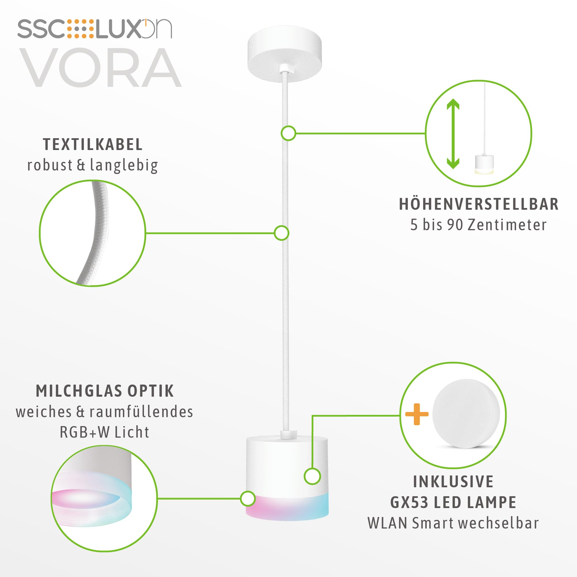 SSC-LUXon VORA Pendelleuchte weiß Smart Home GX53 LED WLAN RGBW App | Hängelampe mit RGB-Farblicht - per App & Sprache steuerbar, Leuchtring, höhenverstellbar für Esstisch, ohne Bridge