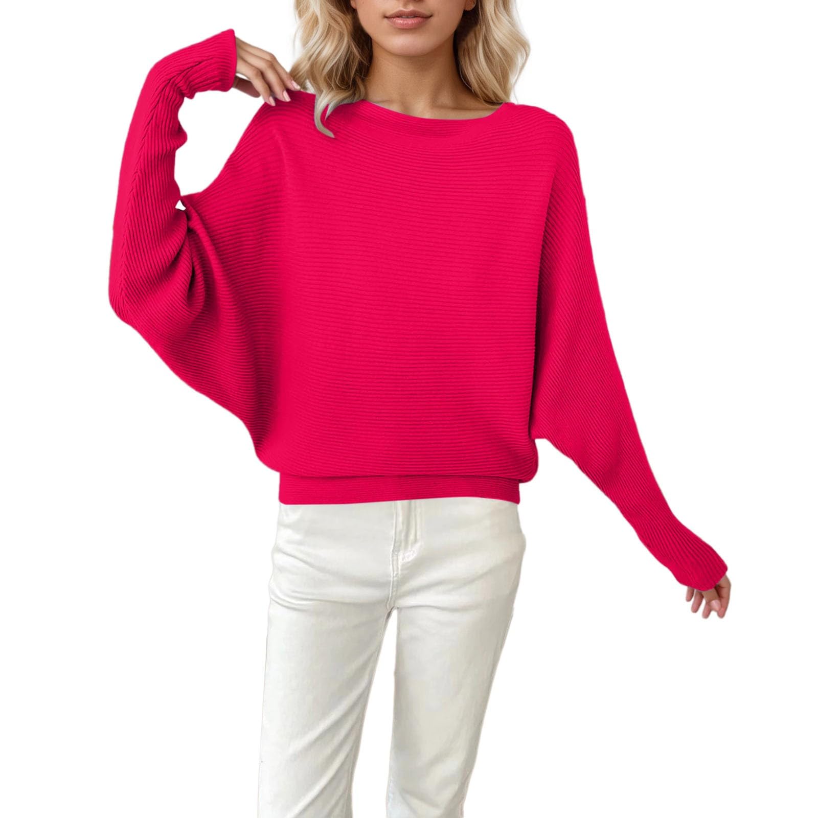 JiXiang Knitted Sweater Women Boat Neck Batwing Sleeves Loose Dolman Pullovers Tops Casual Soft Lightweight Winter Warm Shirt