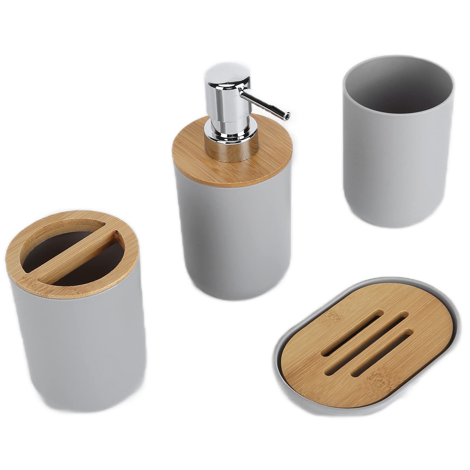 Set di 4 accessori da bagno in bambù: portaspazzolino impermeabile, porta sapone, dispenser per lozione e bicchiere per il colluttorio; set da bagno dal design moderno e liscio, (Grigio)