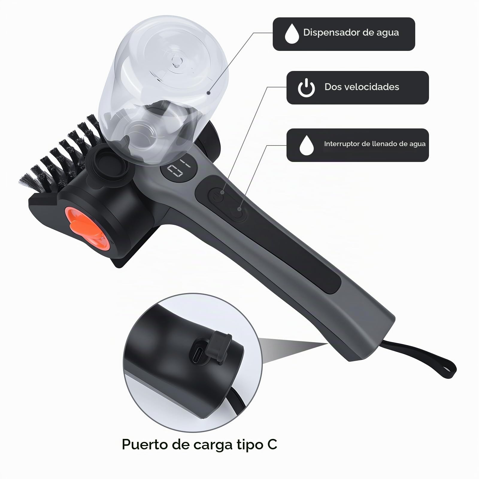 Cepillo Eléctrico para Parilla con Depósito de Agua 300ml de MMOBIEL – Limpiador Barbacoa Inalámbrico con 2 Velocidades, Motor 100W, Recargable USB-C, Mango Ergonómico, Funda y Guantes