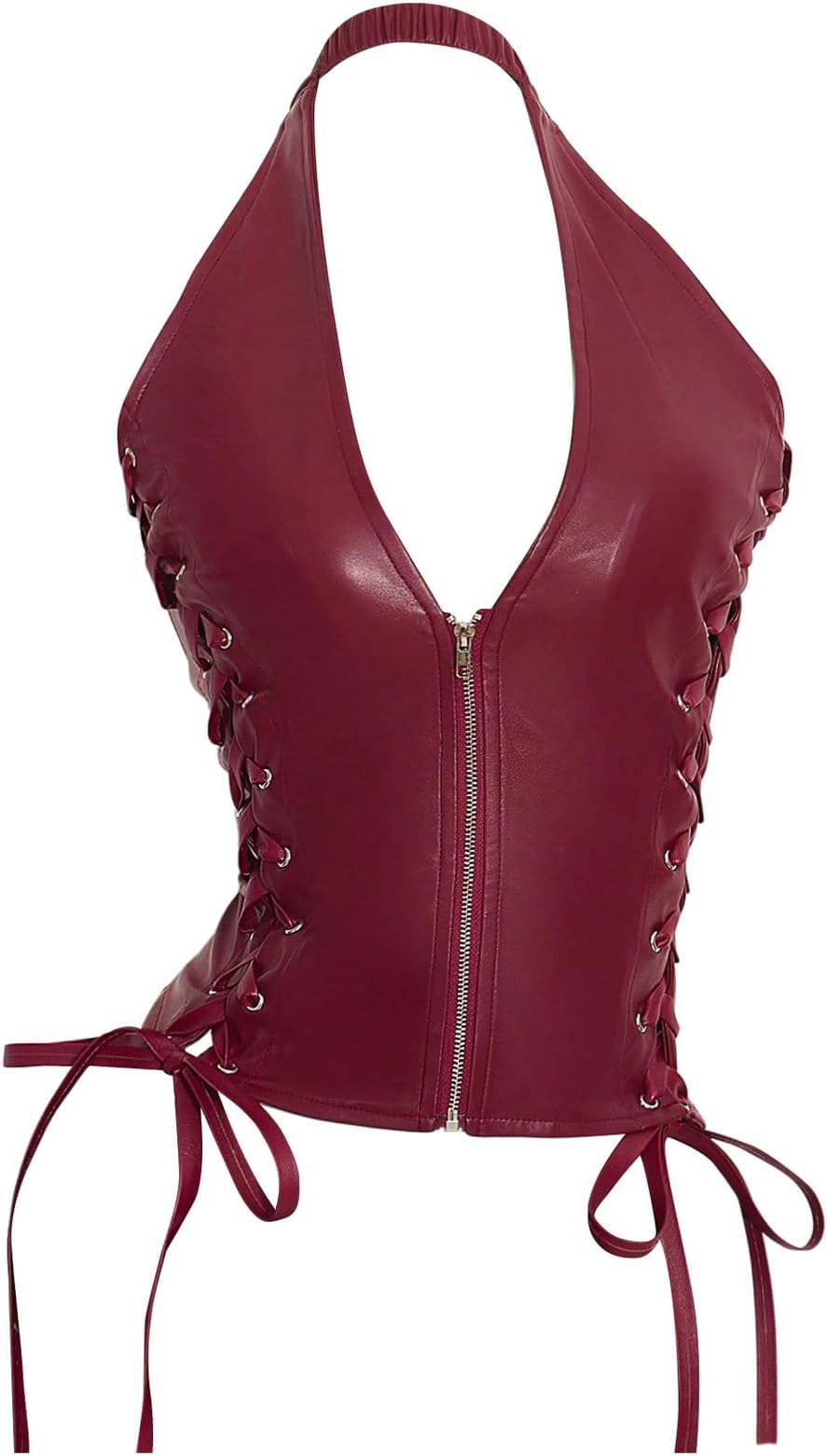Women's Leather Lace Up Deep V Neck Halter Tops Sleeveless Y2k Going Out Tank Tops