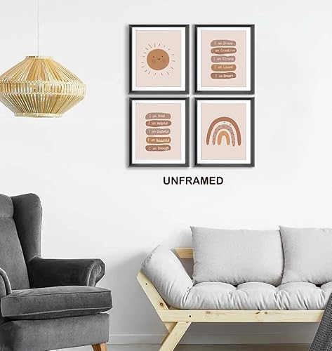 I Am Brave Strong Smart Affirmation Boho Neutral Sun Rainbow Poster Prints For Kids Teens Room Playroom Nursery Classroom Decor,Inspirational Decorations Prints Wall Art Unframed 4Pcs 8X10 Inches #TOP3