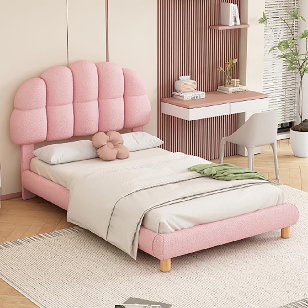 Lit KOMHTOM Simple Rembourré pour Enfant, sommier en Bois, 90x200cm (Rose)