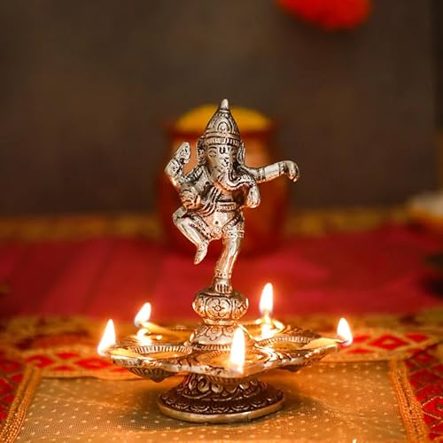 Desi Favors Dancing Lord Ganesha Decorative Diya | Handcrafted White Metal Showpiece with 5 Wicks | for Home Décor Pooja Ceremonies Diwali Festivals Silver Finish Traditional Indian Gift ( Pack of 1)