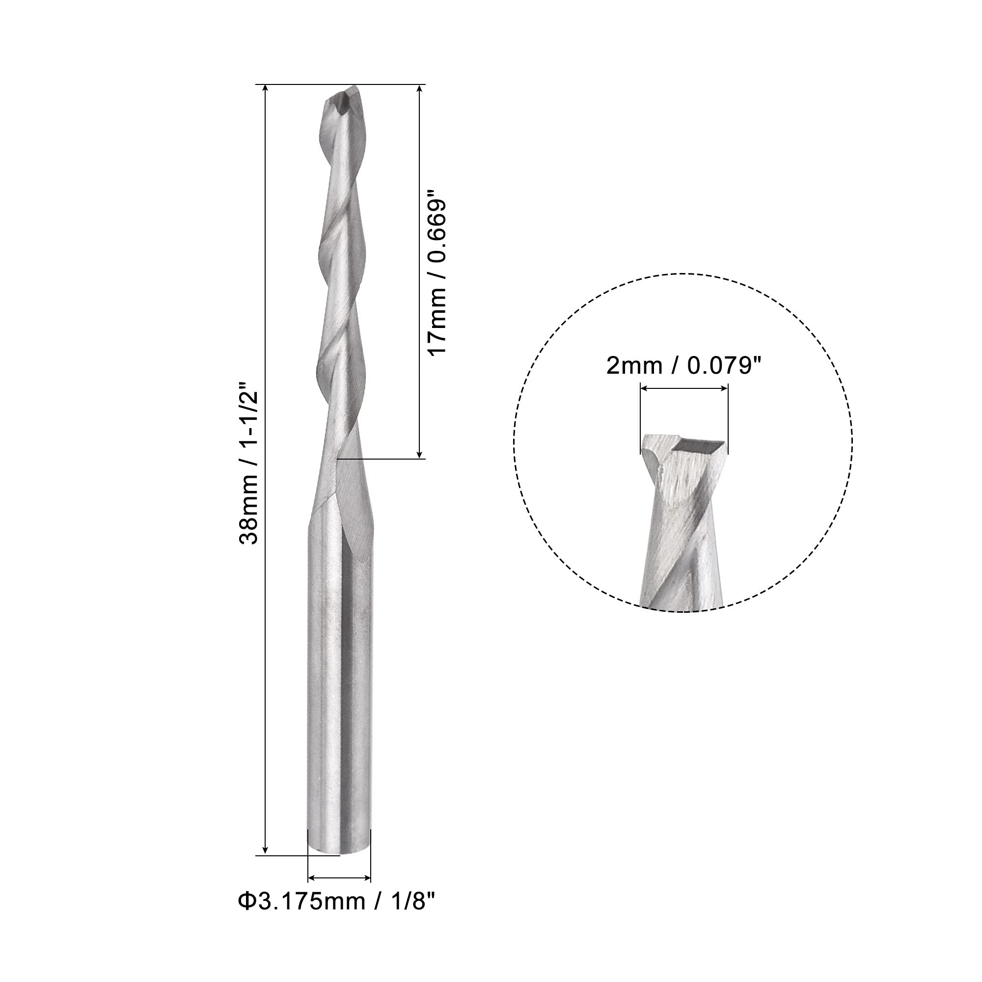 sourcing map Fraise CNC Spirale Router Mèches 1/8" 3.175mm Tige 2mm x 17mm Upcut Solide Carbure Extrémité Broyeur 2 Cannelure Fraisage Coupeur pour Acrylique PVC MDF Bois Franc 2pcs