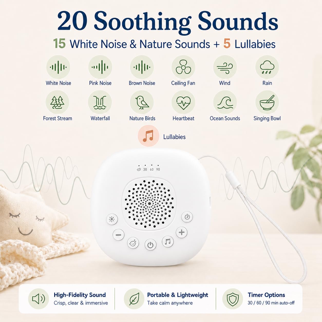 Baby White Noise Machine für Autofahrten – 20 beruhigende Geräusche, USB-C wiederaufladbar, Nachtlicht für Kinderwagen, Krippen & Reisen