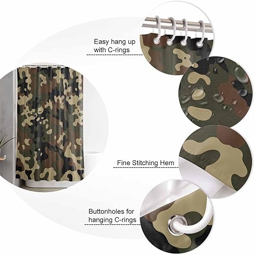 Miniatura 6 de Juego de 4 cortinas de ducha de camuflaje con alfombra antideslizante, cubierta para tapa de inodoro, tapete de baño y 12 ganchos, juego de cortina