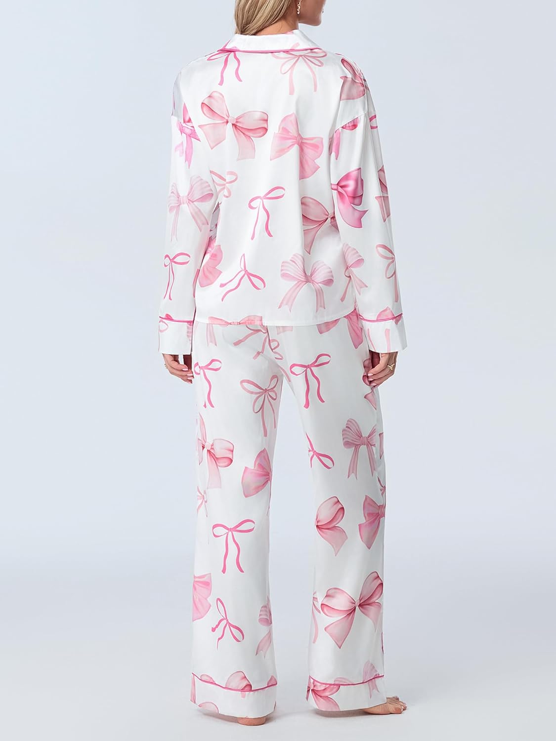 Springcmy Women Valentine Satin Pajamas Long Sleeve Shirt Pants Silk Heart Bow 2Pcs Sleepwear Loungewear Pjs Set - Image 6