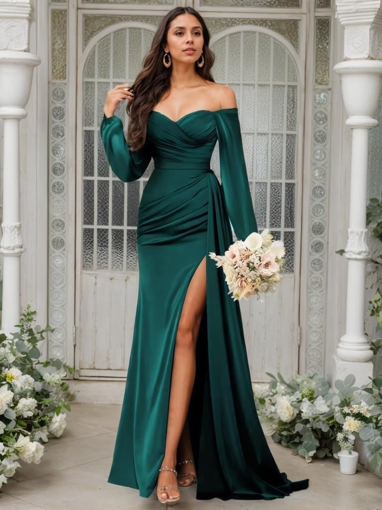 Women's Off Shoulder Satin Prom Dresses Long Sleeve Memraid Long Formal Evening Gowns with Slit Emerald Green Size8 EL009