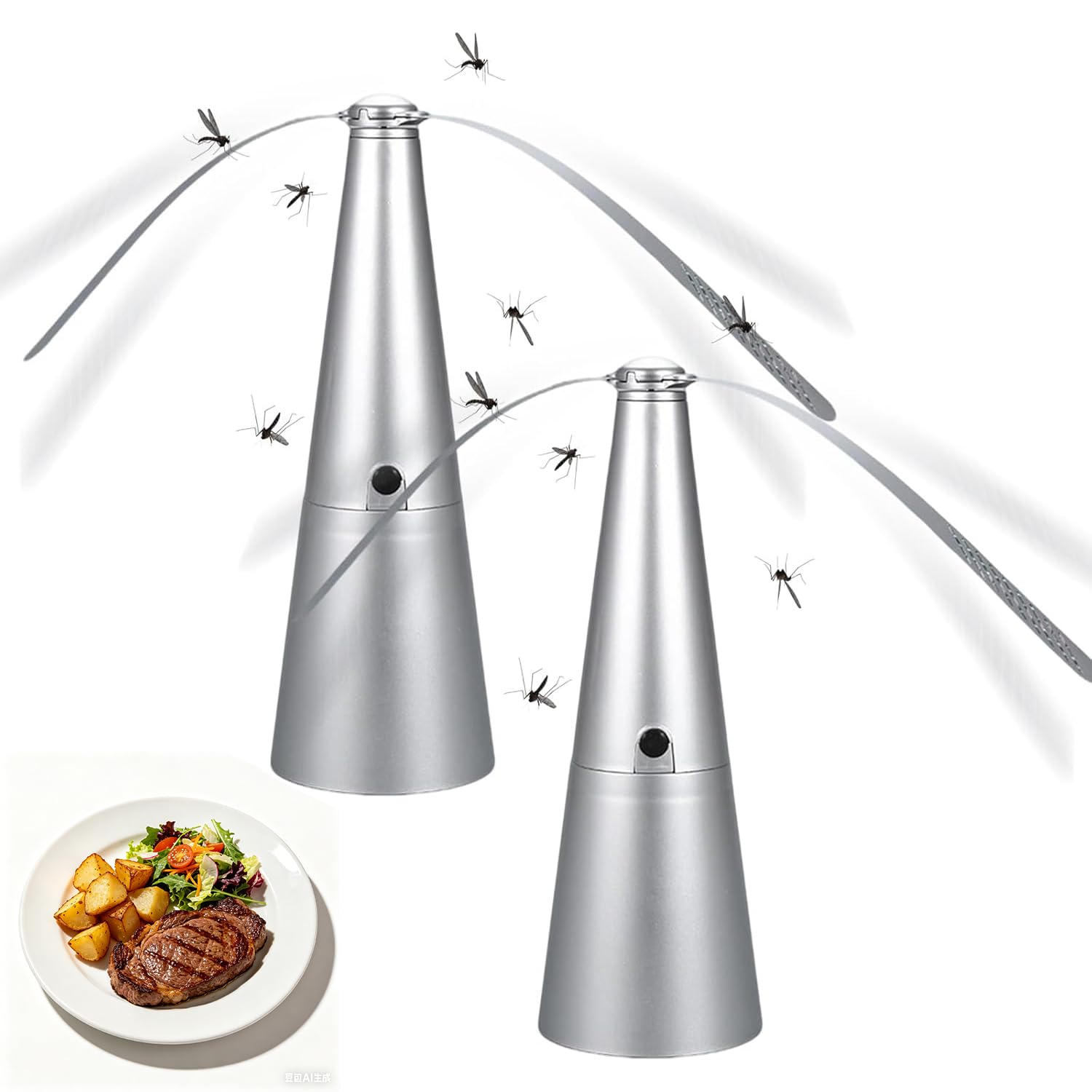 OEHUG Fly Fans for Tables 24.5x8.5CM, Batteries Powered, Portable Fly Repellent Fan with Soft Holographic Blades Bug Fan for Outdoor Tables for Outdoor Indoors, Party, Barbecues and Picnics (2 Pcs)