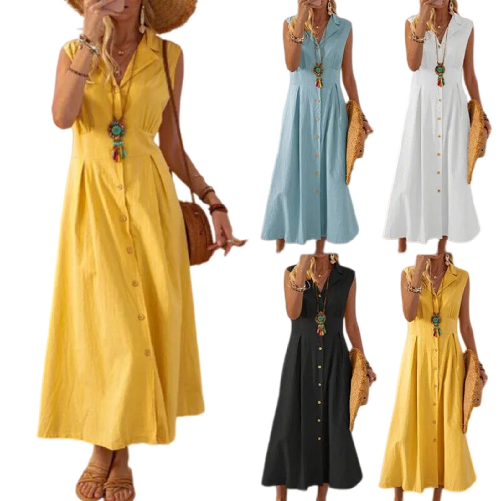 Vestito Donna Cotone Biancheria Maxi Abito, Cerniera A-Line Sciolto Lungo Abito per Le Vacanze Estive Abiti-Yellow-XXL