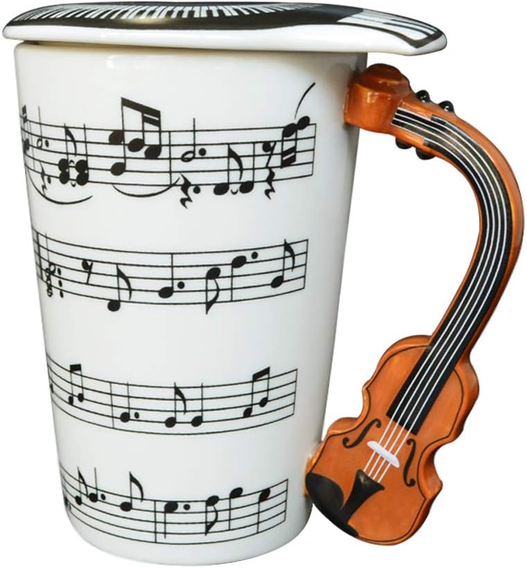 Giftgarden 13.5 oz Ceramic Coffee Mug with Lid Violin Music Notes Style Water Milk Tea Drink Porcelain Cup