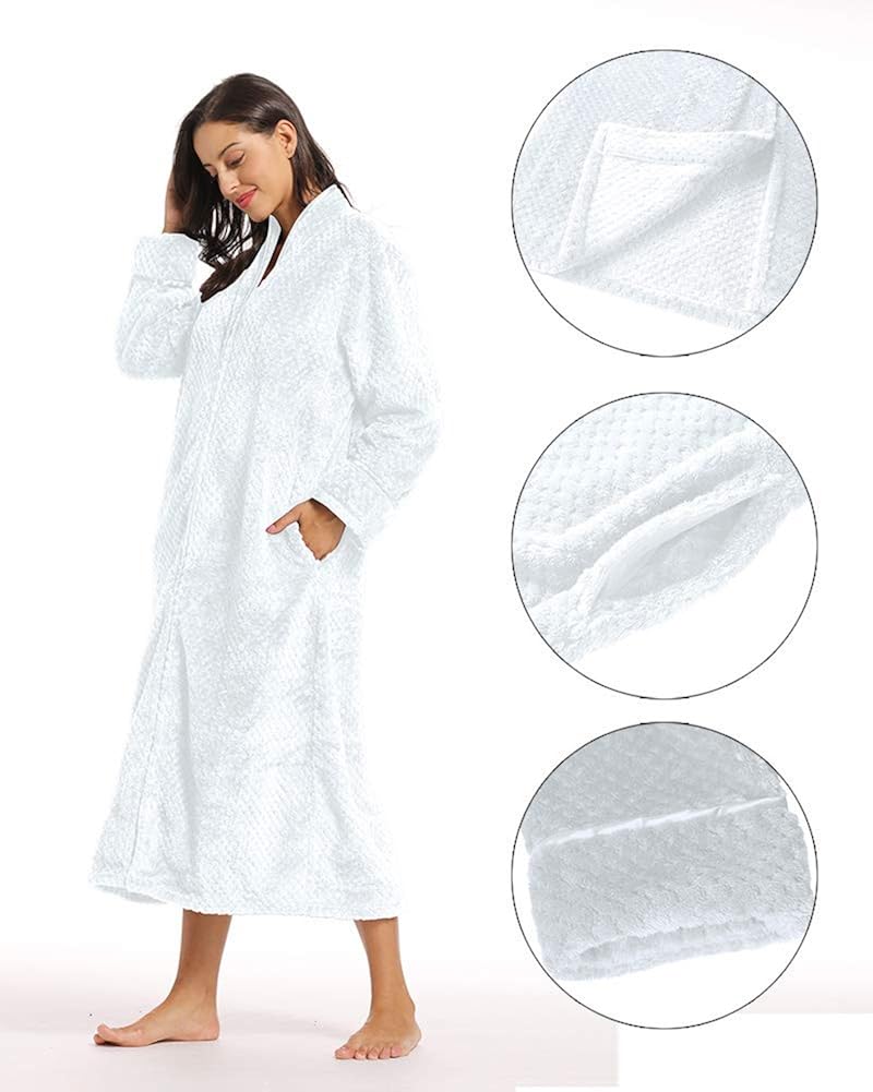 Foucome Womens Fleece Robe Long Soft Zip-Front Bathrobe with Two Side Pockets