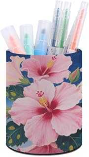 Office Blooming Hibiscus Desk Organizer Pen Holder Round | PU Leather Pencil Cup Case Box, Non-slip Base, Workspace Desktop Organizer, Tidy for Office Bathroom Dresser Vanity Storage