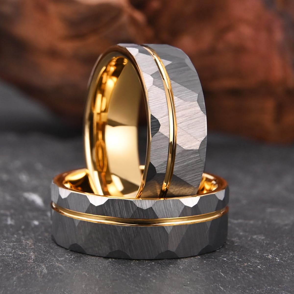 Tungsten Carbide Rings for Men Women 8mm Grey Golden/Black Blue Hammered Men's Engagement Wedding bands inlaid Groove Matte Brushed - Image 3