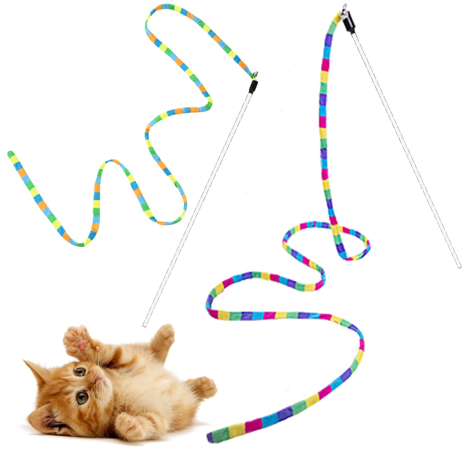 FYNIGO Interactive Cat Rainbow Wand Toys for Indoor Cats and Kittens,Extended Colorful Cat Teaser Wand String Plush Toy,Original Product Strong and Sturdy Pole with Bells(2 Pack)