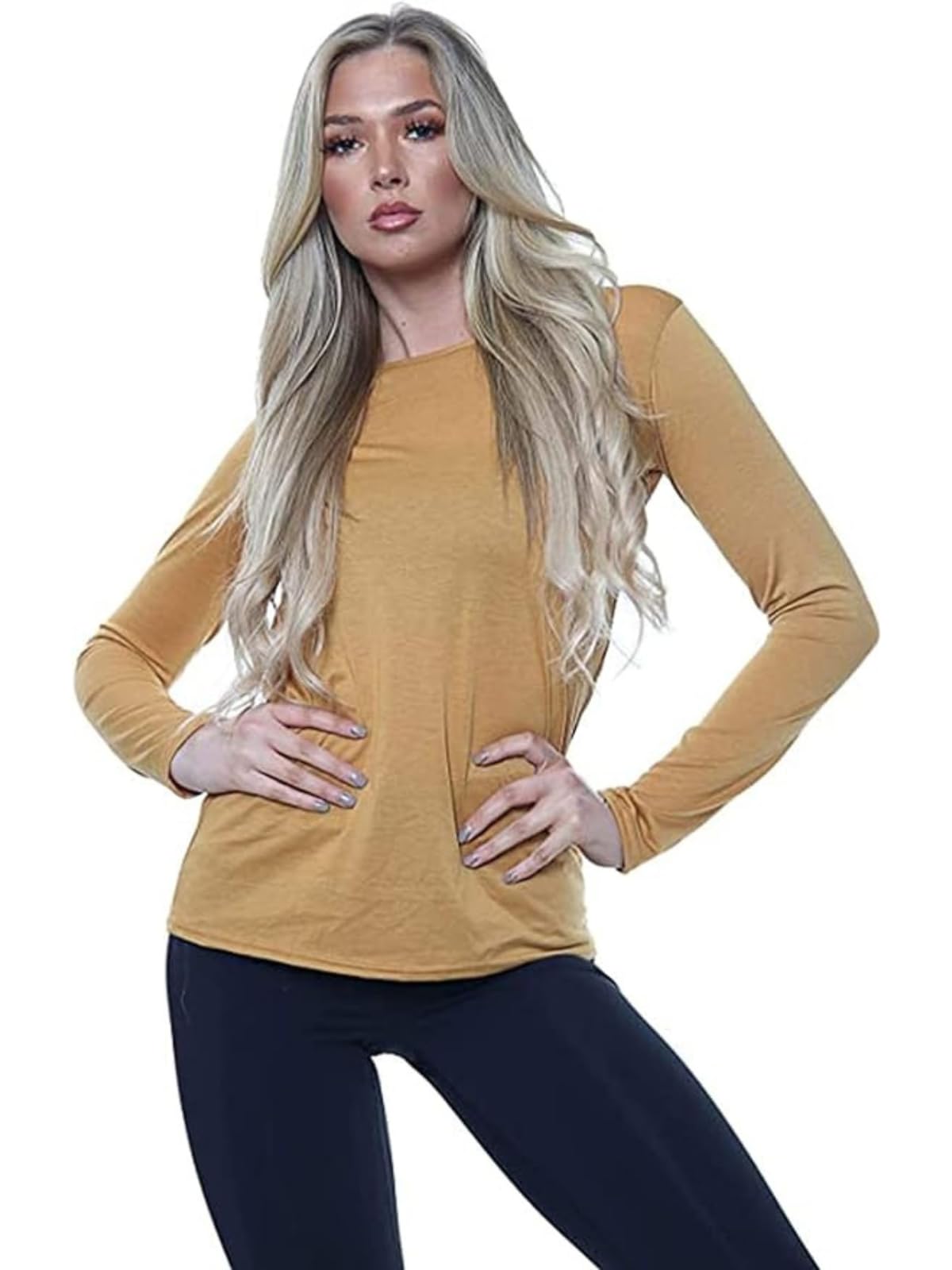 Zaif & Hari® Women Basic Long Sleeve Plain Round Neck Ladies Stretch Plus Size Top T Shirt (L/XL (UK 16-18), Mustard)