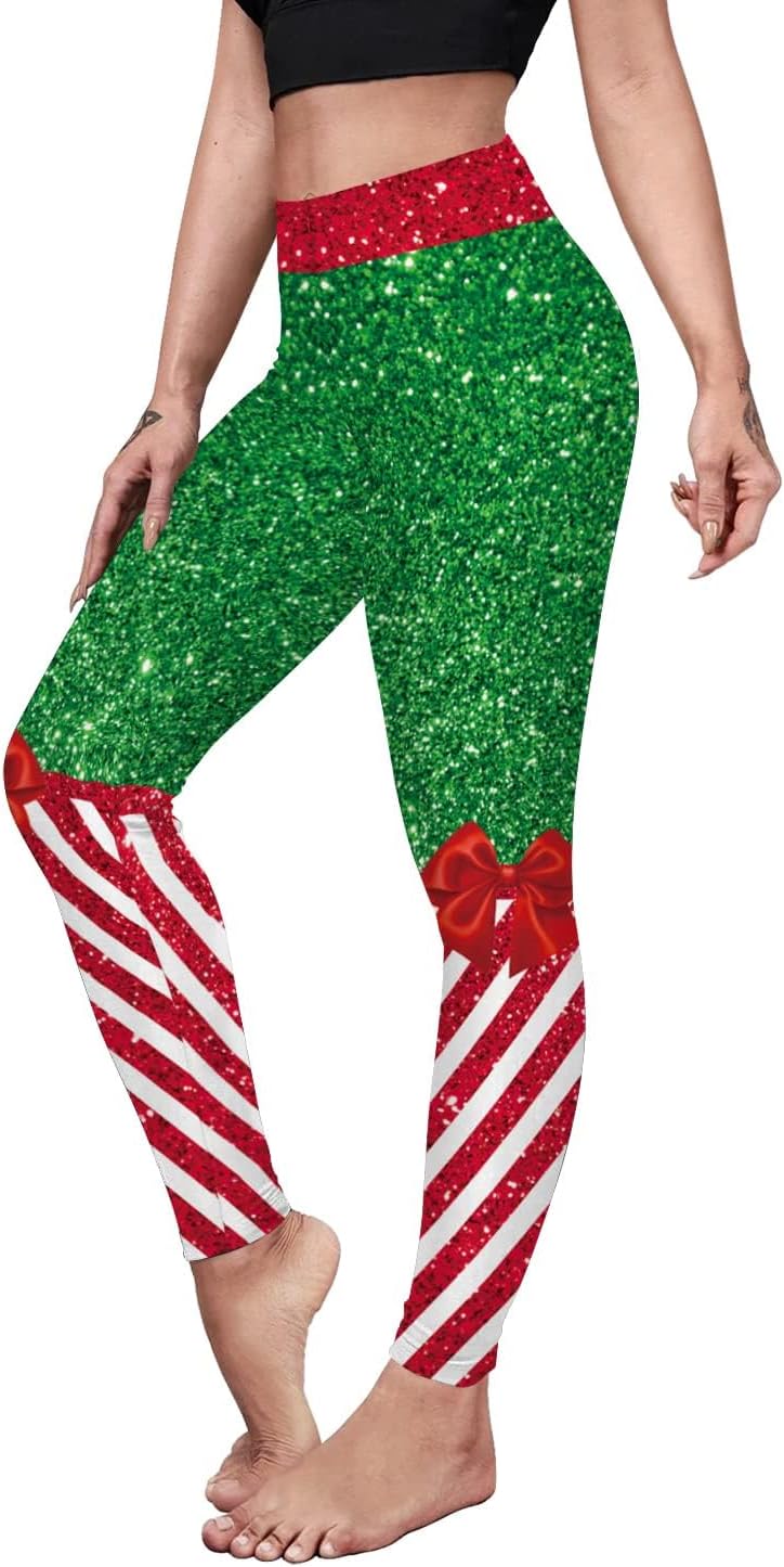 Women's High Waist Christmas Leggings Striped Reindeer Sknowflake Printed Holiday Tights