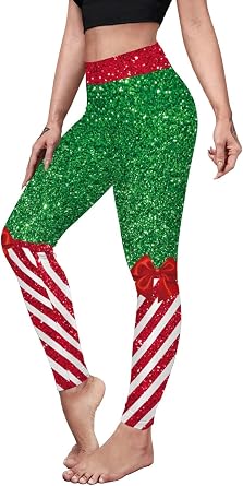 Womens High Waist Christmas Leggings Striped Reindeer Sknowflake Printed Holiday Tights