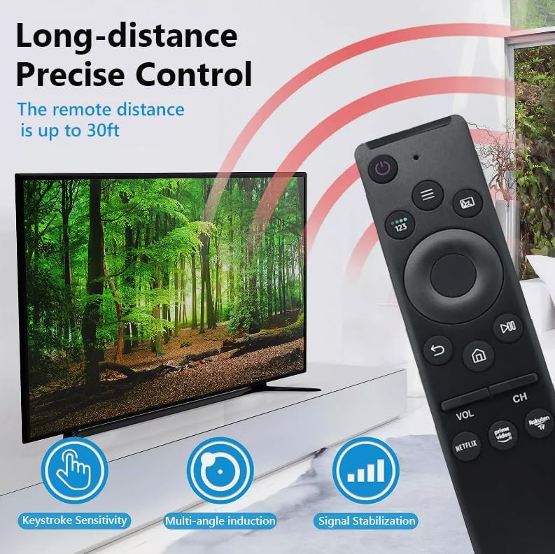 Image illustrating long-distance precise control with the remote, showing keystroke sensitivity, multi-angle induction, and signal stabilization.