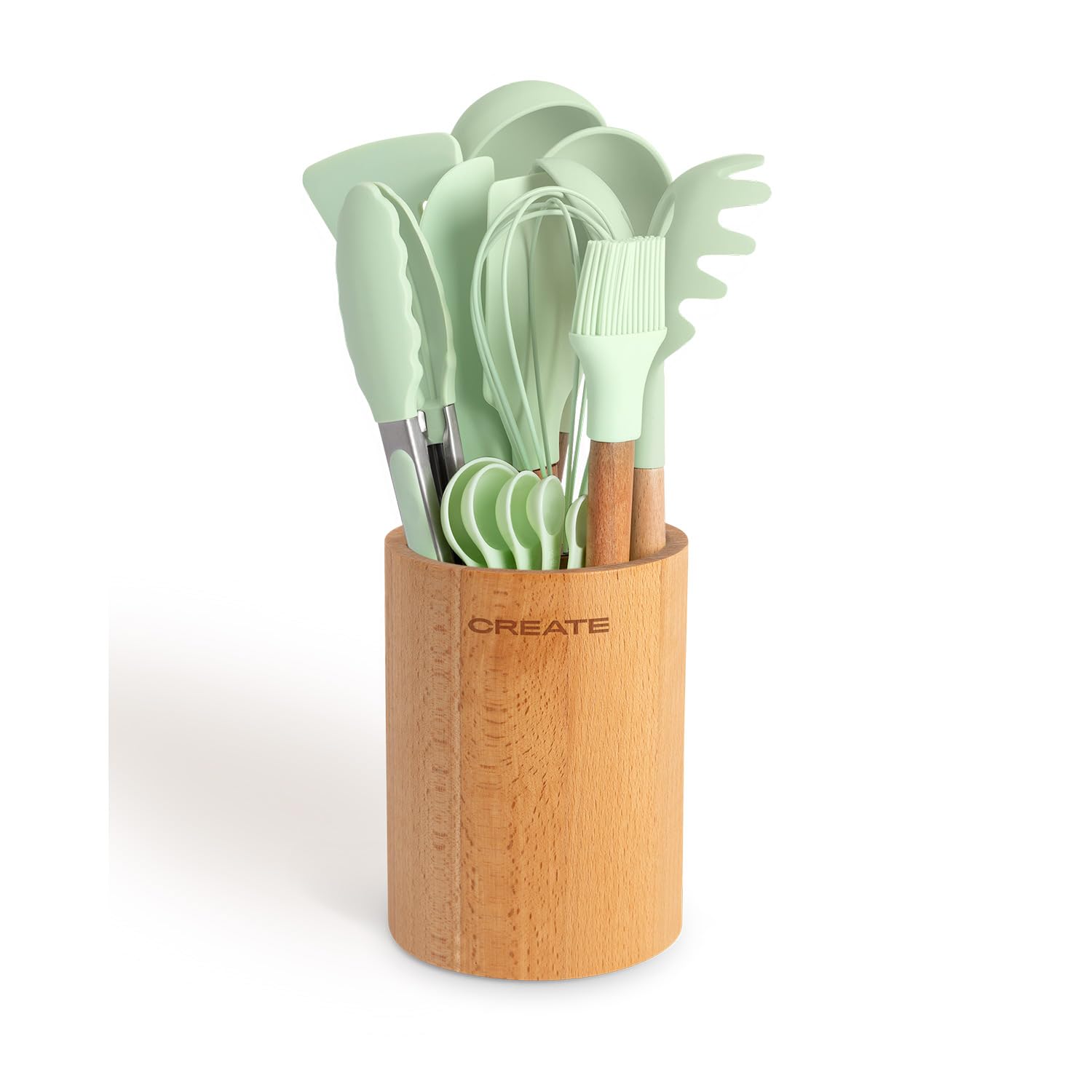 CREATE/​Set de utensilios verde y madera / 11 utensilios, silicona y madera de haya, libres de BPA, resistente al calor hasta 230°C