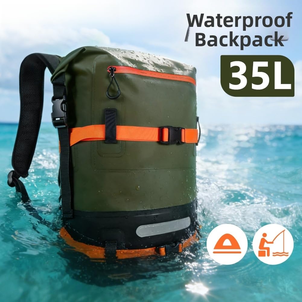 Mochila de PVC de 35 L con construcción impermeable para senderismo, camping, montañismo, ciclismo y salidas a la playa (B)