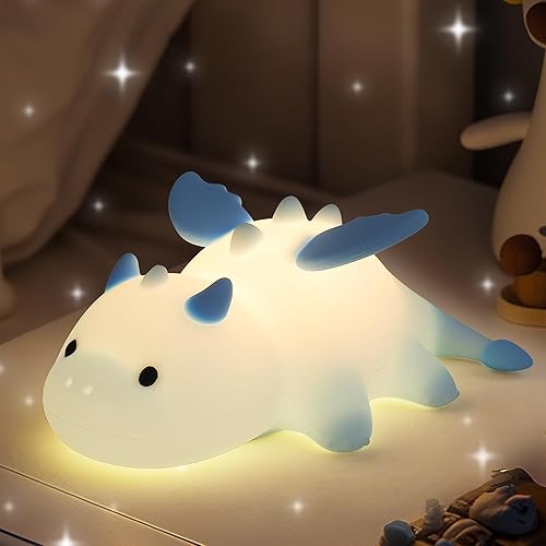 Attivolife Dragon Night Light for Kids, Cute Soft Silicone Touch Lamp with 8 Color & Dimmable & Timer, Portable Nursery Bedroom Bedside Decor LED Light, Birthday Xmas Gifts for Baby Toddler Boy Girl - Blue Dragon