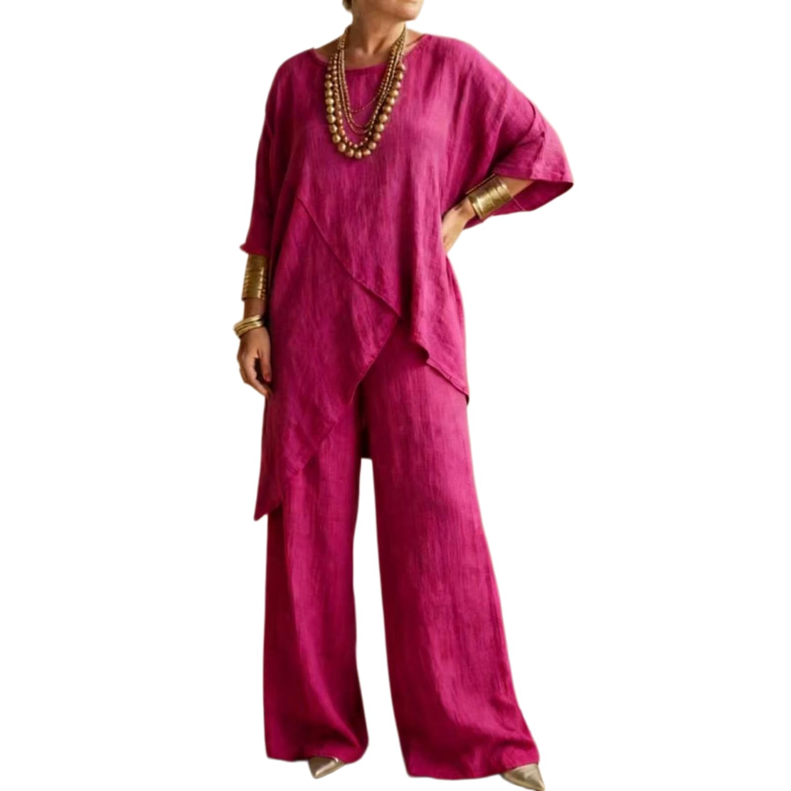 Generisch Completo da donna in cotone e lino con top a girocollo a maniche corte e pantaloni, elegante e casual per l'estate.