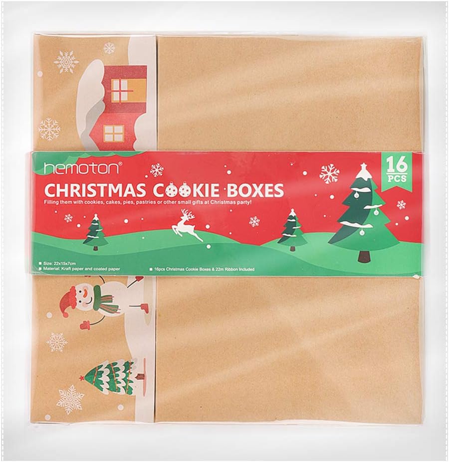 Bеѕt Dеаl 🛒 Hemoton 16pcs Christmas Cookie Boxes Kraft Paper Doughnut Candy Boxes, Christmas Treat Boxes with Clear Window, Holiday Bakery Food Container with 22m Ribbons