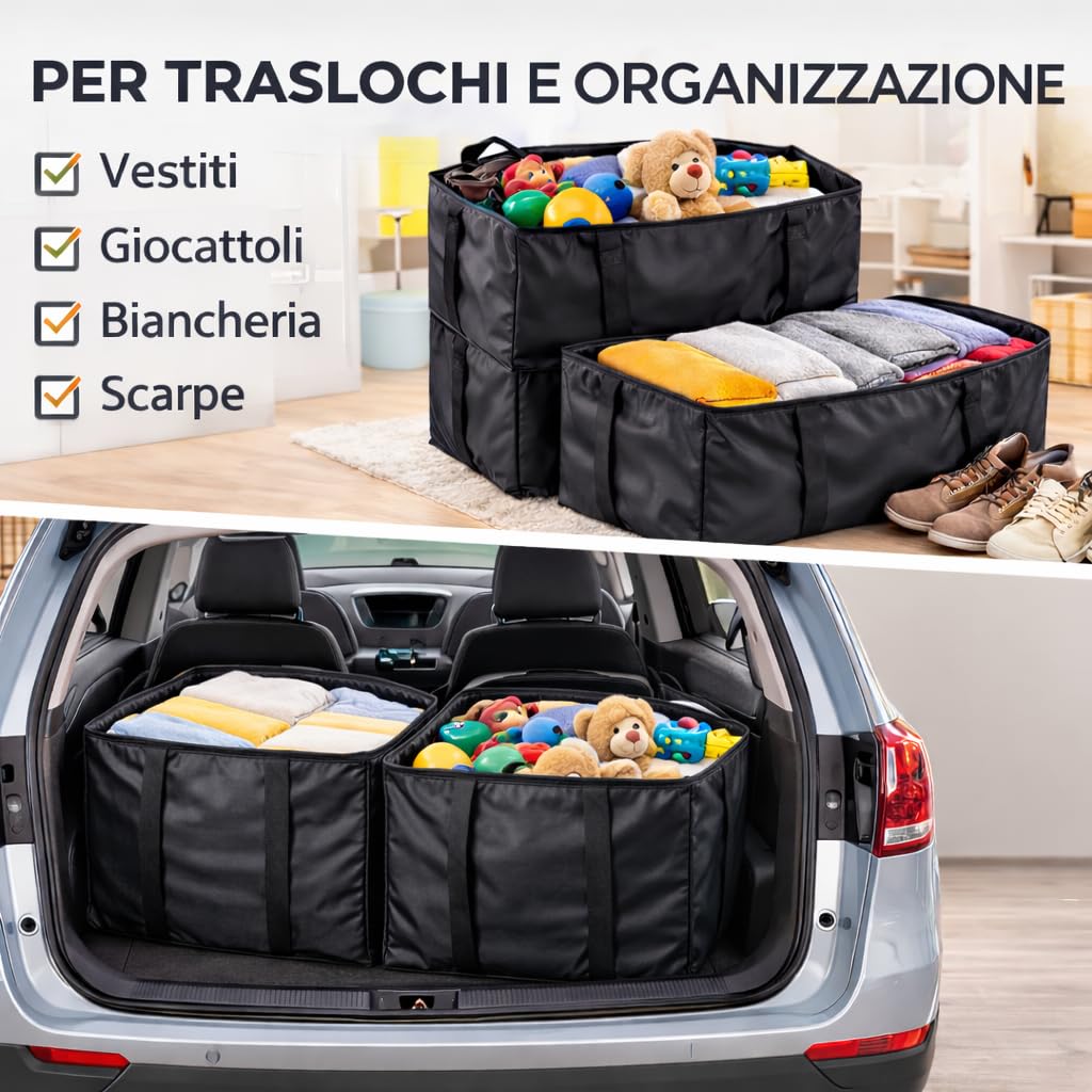 Borse per Trasloco con Manici Rinforzati, Zip e Cinghie per Zaino, Contenitori Organizer per Imballaggio, Sacchi per Stoccaggio Impermeabili, Materiale 420D Oxford, set, Nero, 80x45x25 cm (Quattro)