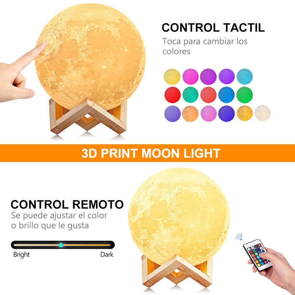 AGM LED Mondlampe 16 Farben Nachtlicht Stimmungslicht mit Fernbedienung und Touch-Steuerung Dimmbar Mondlamp Ø15 cm 3D Druck mit Holzhalterung für Schlafzimmer Café Bar Esszimmer