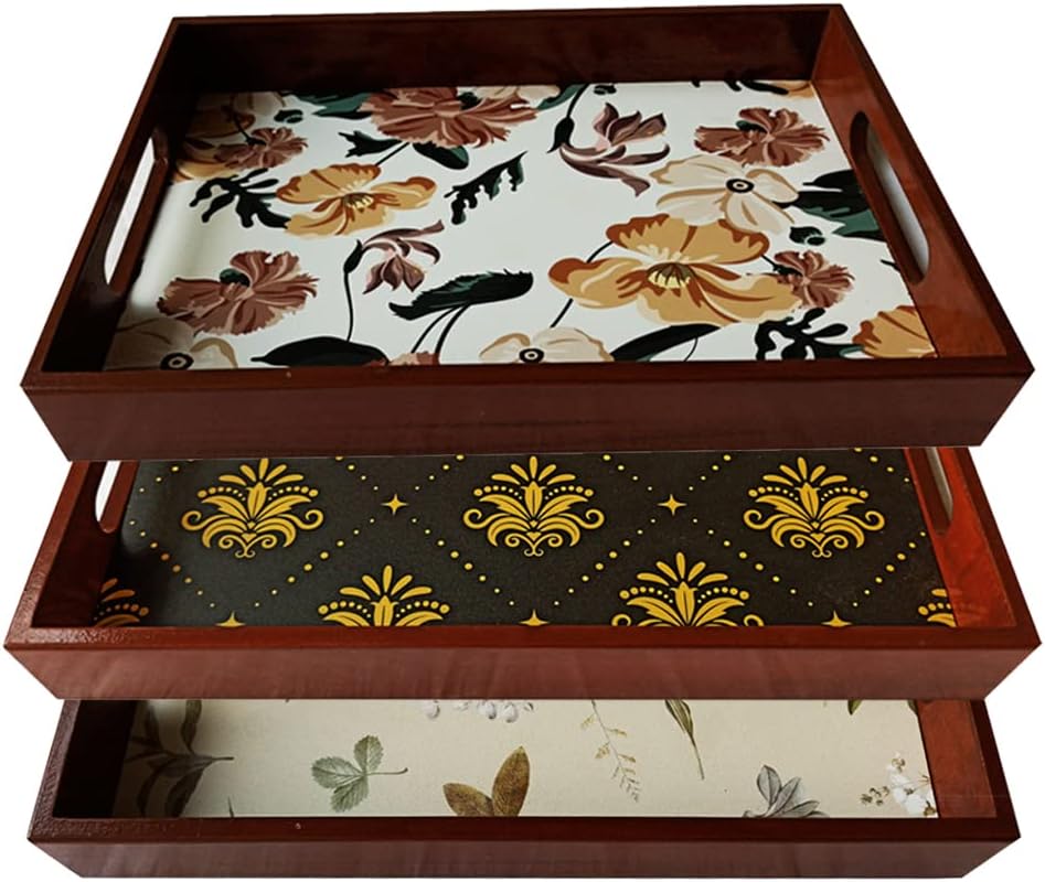 Angira Handicrafts Wooden Serving Tray (Set of 3) 12 X 8 INCH with Floral uv Print (AHS-T059)