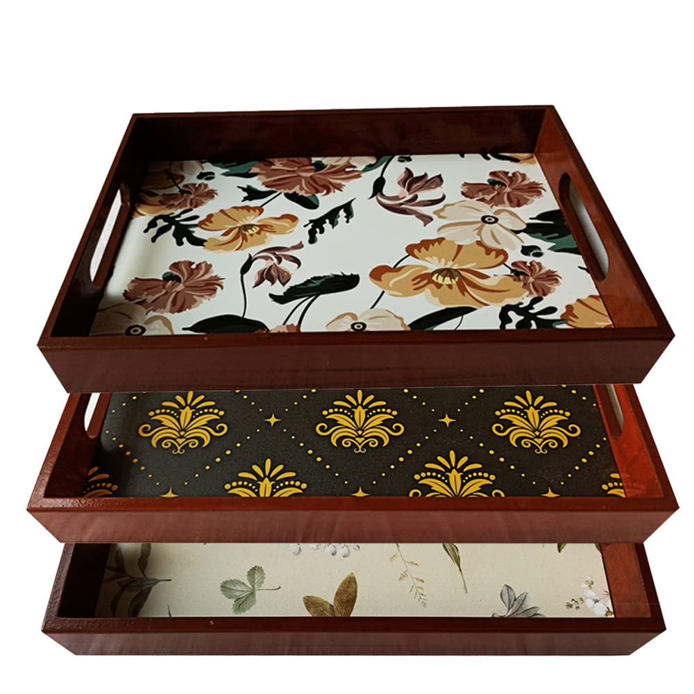 Angira Handicrafts Wooden Serving Tray (Set of 3) 12 X 8 INCH with Floral uv Print (AHS-T059)