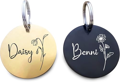 Etiquetas de identificación de mascotas grabadas, etiquetas de identificación personalizadas para mascotas, flor de nacimiento, etiquetas de