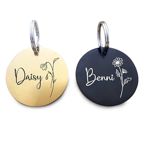 Engraving Pet ID Tags, Personalized Pet ID Tags Birth Flower, Stainless Steel Pet ID Tags, Custom Engraved Dog and Cat Tags, Double Sided, Round