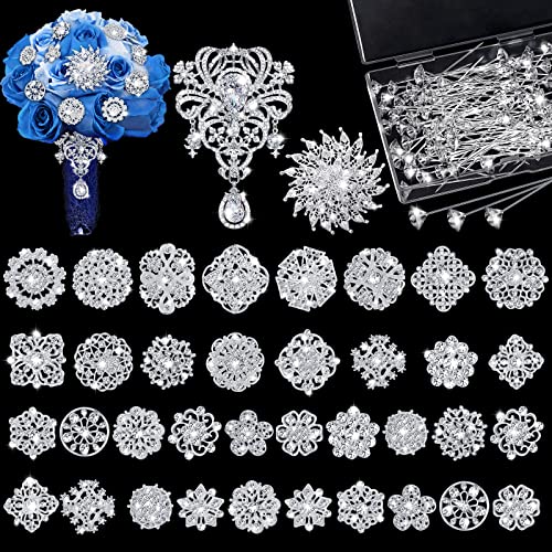 138 Pcs Flower Brooch Bouquet Pins Silver Rhinestone Brooches Diamond Brooch for Flowers Crystal Corsages Flower Straight Head Pins Bulk Christmas Brooches Jewelry Gifts for Crafting Wedding