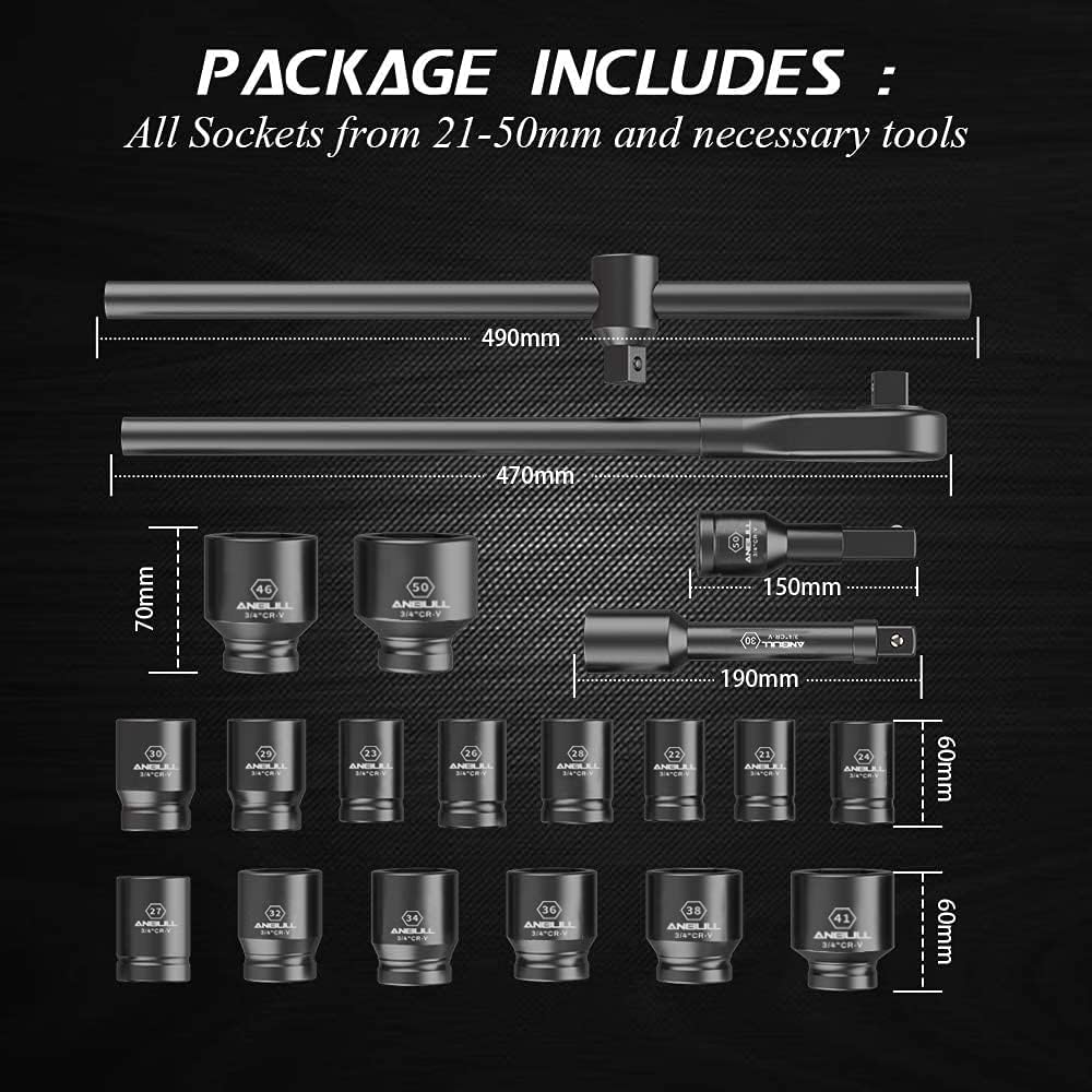 Hottest Sales Anbull 3/4 Drive Jumbo Impact Socket Set, 21 Piece Shallow Socket Assortment, 6-Point Standard Metric Sizes (21-50 mm) | Cr-V Steel