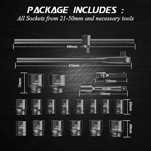 Miniatura 3 de Anbull Juego de llaves de vaso de 34", 21 piezas estándar de 34 pulgadas, tamaños métricos estándar de 6 puntos (0.827-1.969 in)  Acero Cr-V