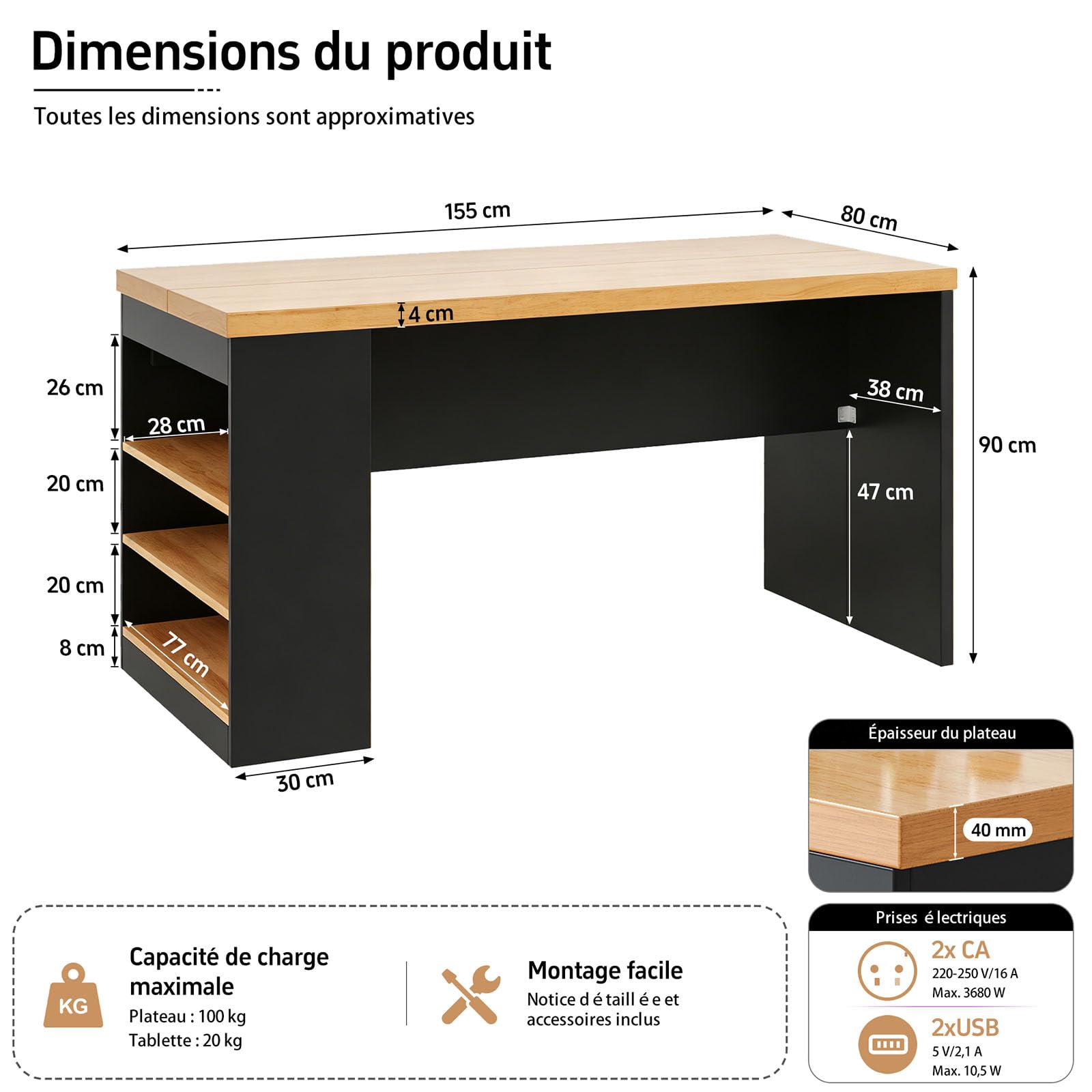 DHHU Îlot de Cuisine 155x80x90 cm avec Prises & USB, Plan de Travail Épais 40 mm, Éclairage LED Intégré, 3 Étagères de Rangement, Meuble Multifonction pour Cuisine et Salle à Manger